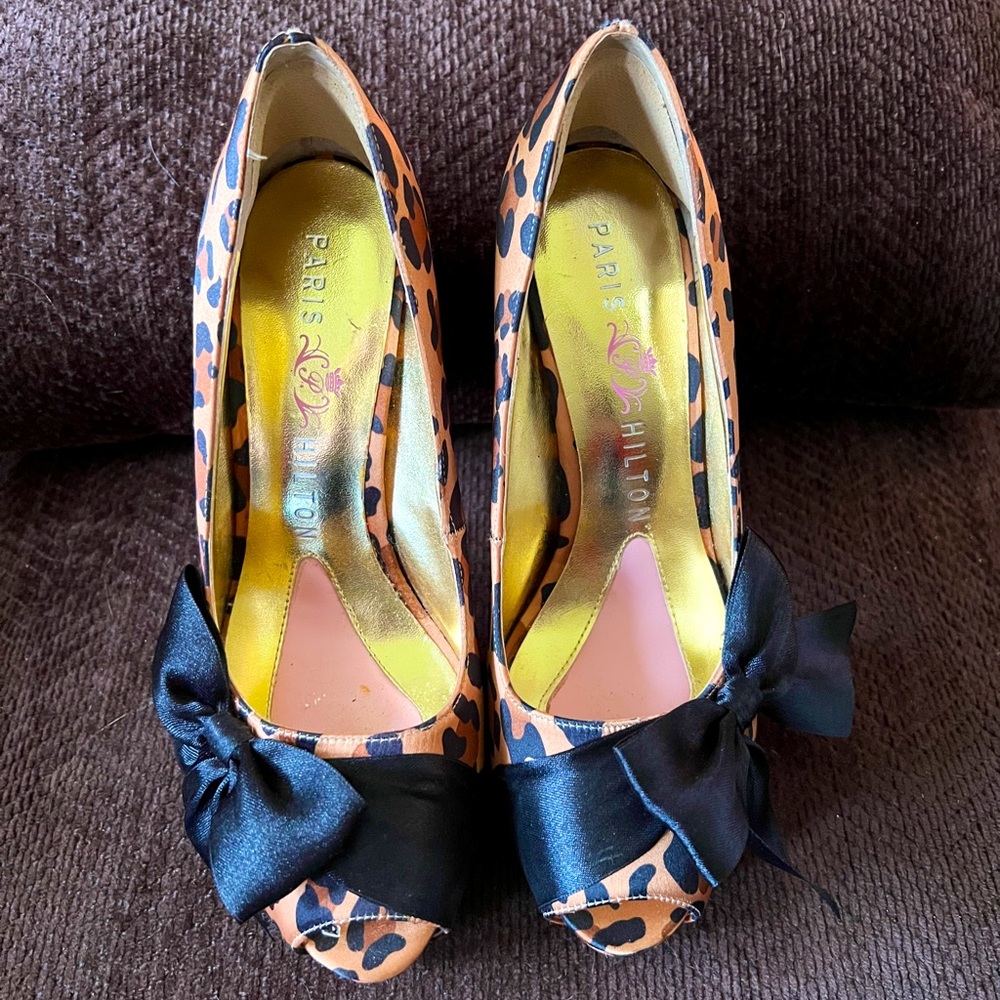 Paris Hilton Women’s Leopard Satin Peep-Toe Heels US 6